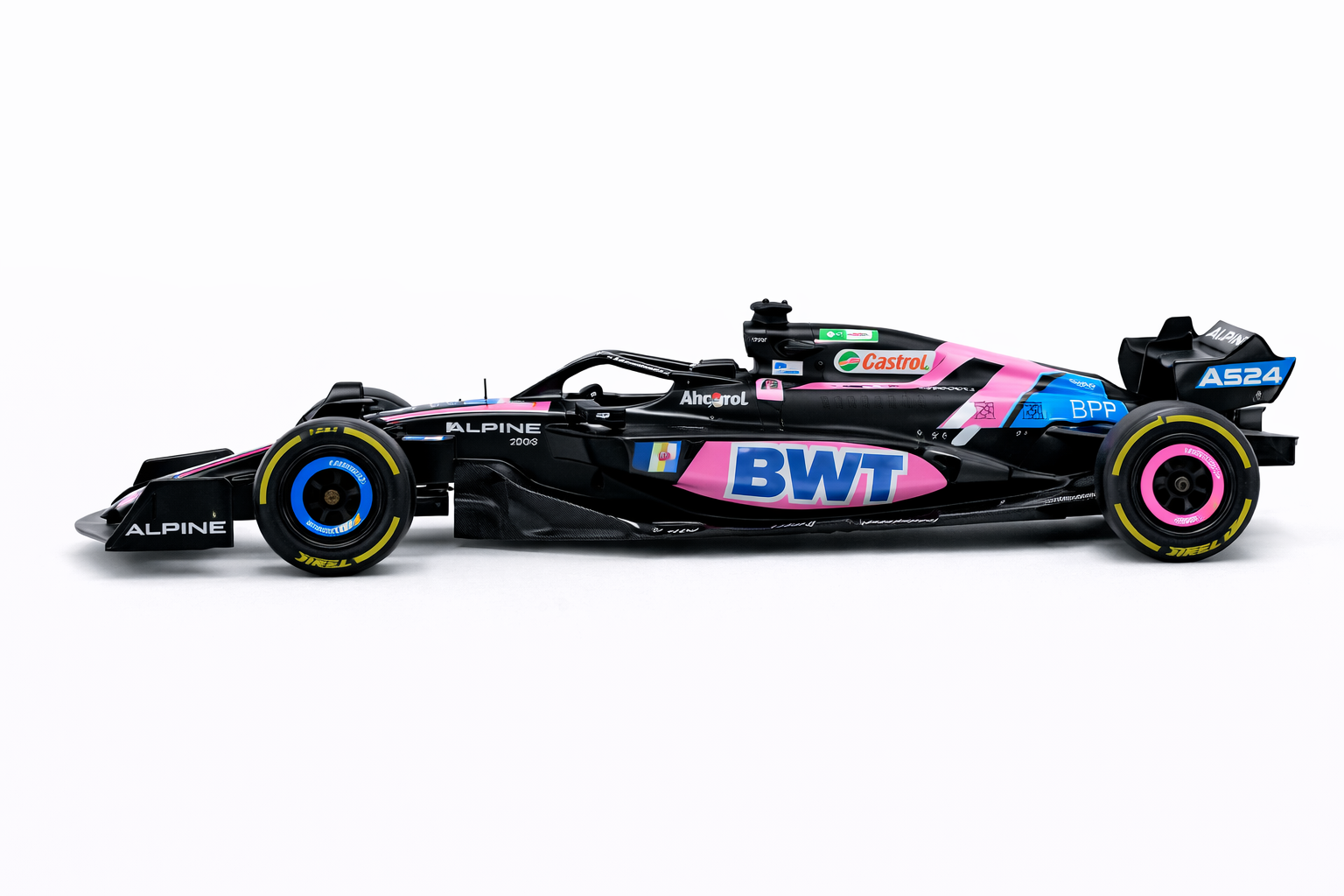 BWT Alpine F1 Team A524 Diecast – 1:43 Scale | High-Detail BWT Blue & Pink Carbon Replica