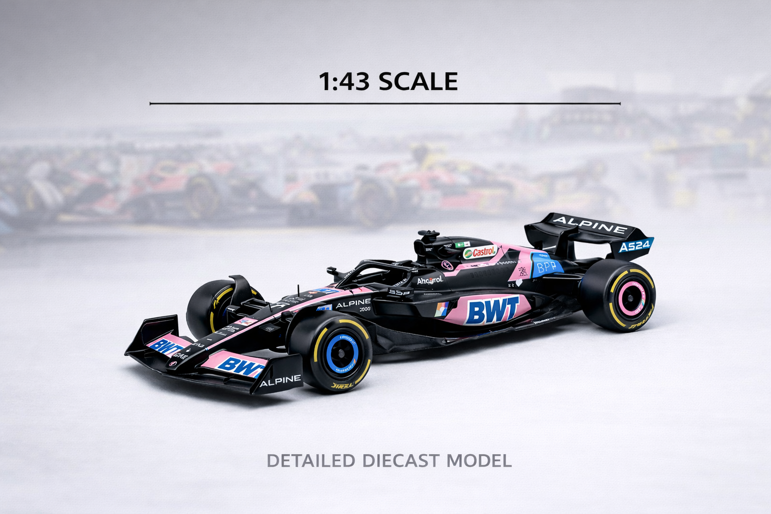 BWT Alpine F1 Team A524 Diecast – 1:43 Scale | High-Detail BWT Blue & Pink Carbon Replica