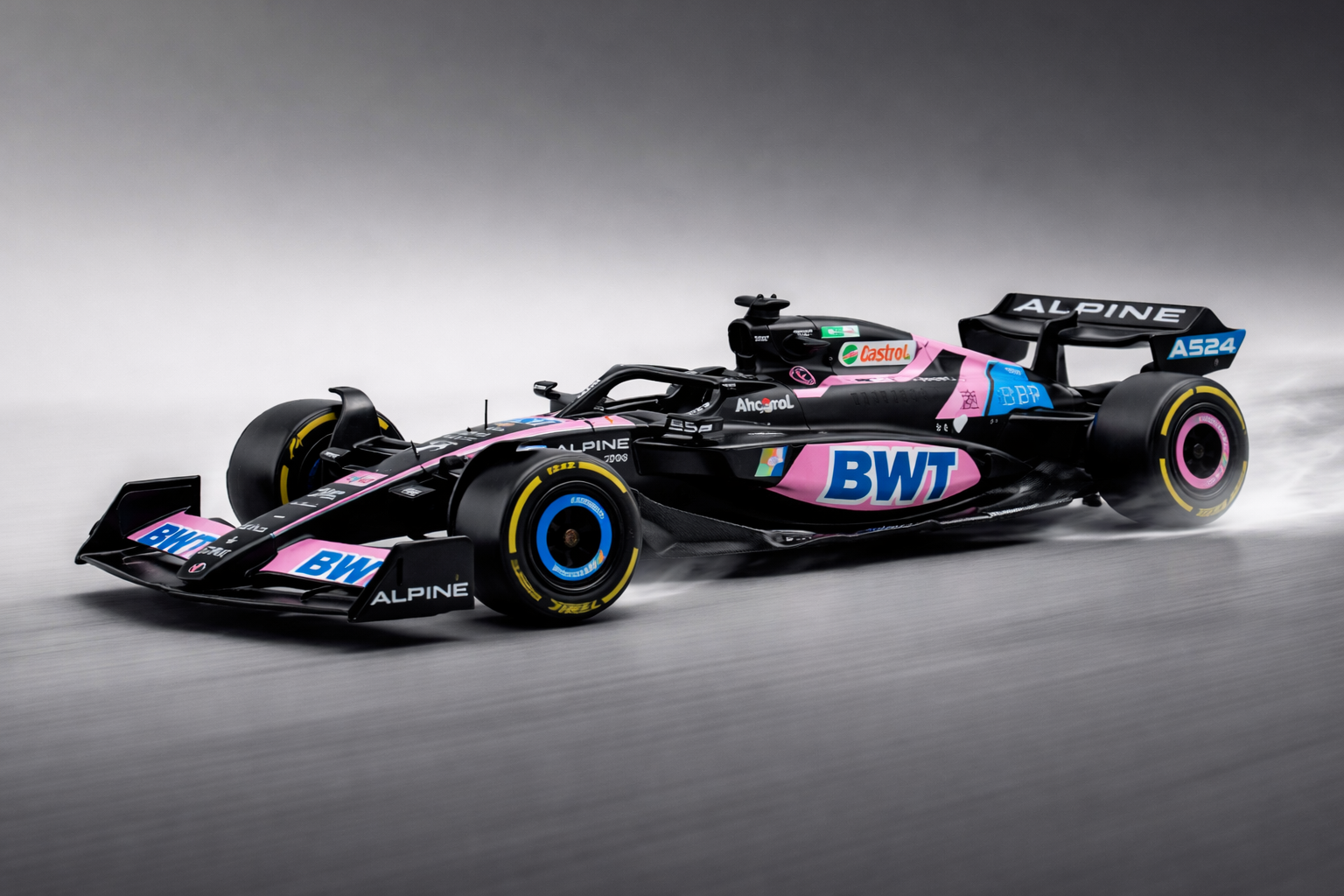 BWT Alpine F1 Team A524 Diecast – 1:43 Scale | High-Detail BWT Blue & Pink Carbon Replica