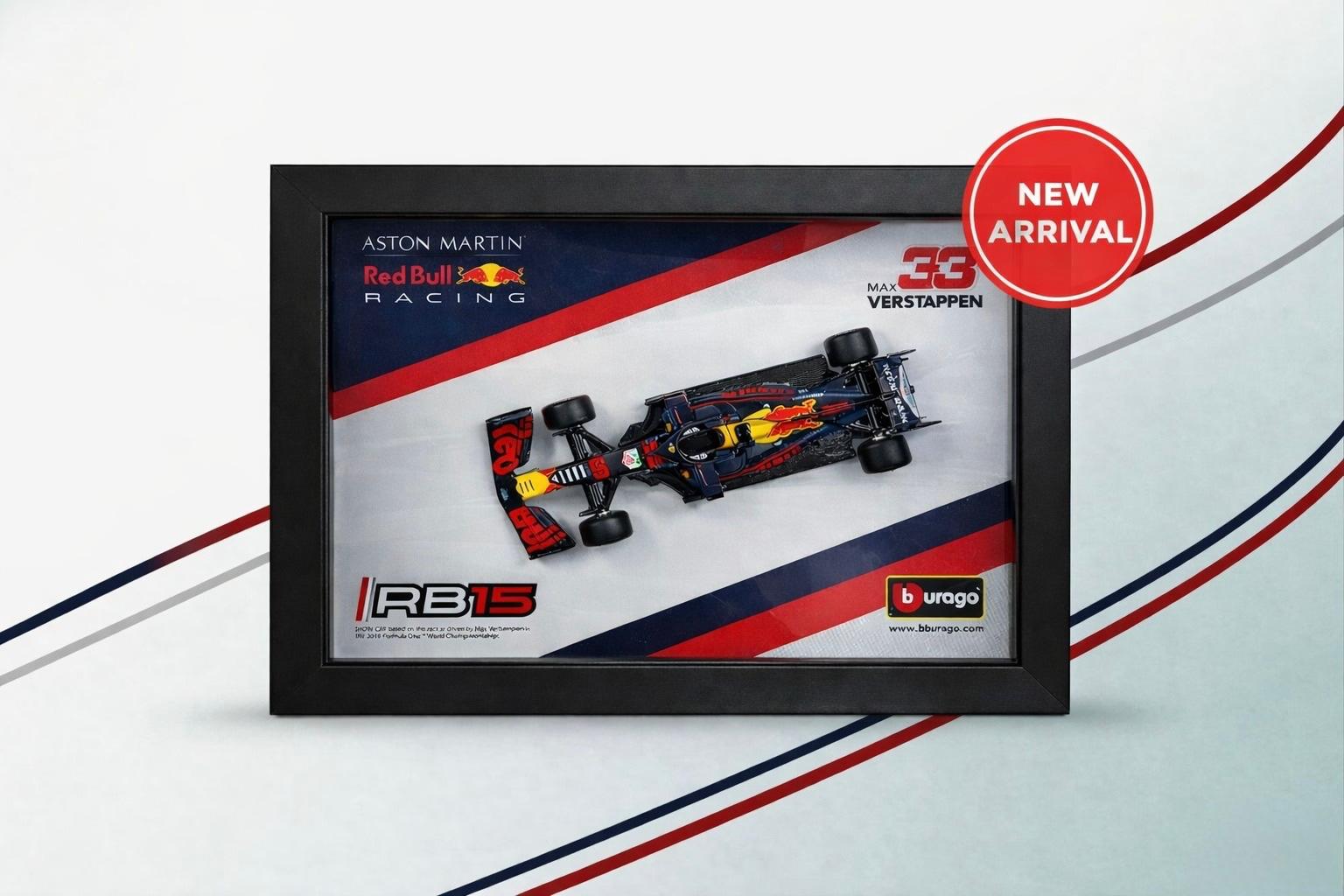 1:43 Scale Red Bull Racing 3D Shadow Box Frame – Max Verstappen Collector’s Edition Diecast Wall Display